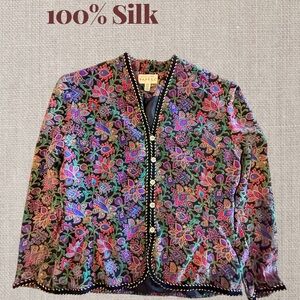 Vintage Adrianna Papell Black Silk Floral Embroidered Blazer